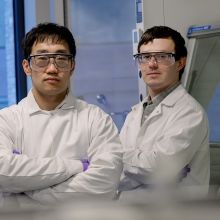 Study authors Yaguang Zhu (left) and Austin Booth stand in Kelsey Hatzell’s lab (photos by Bumper DeJesus).